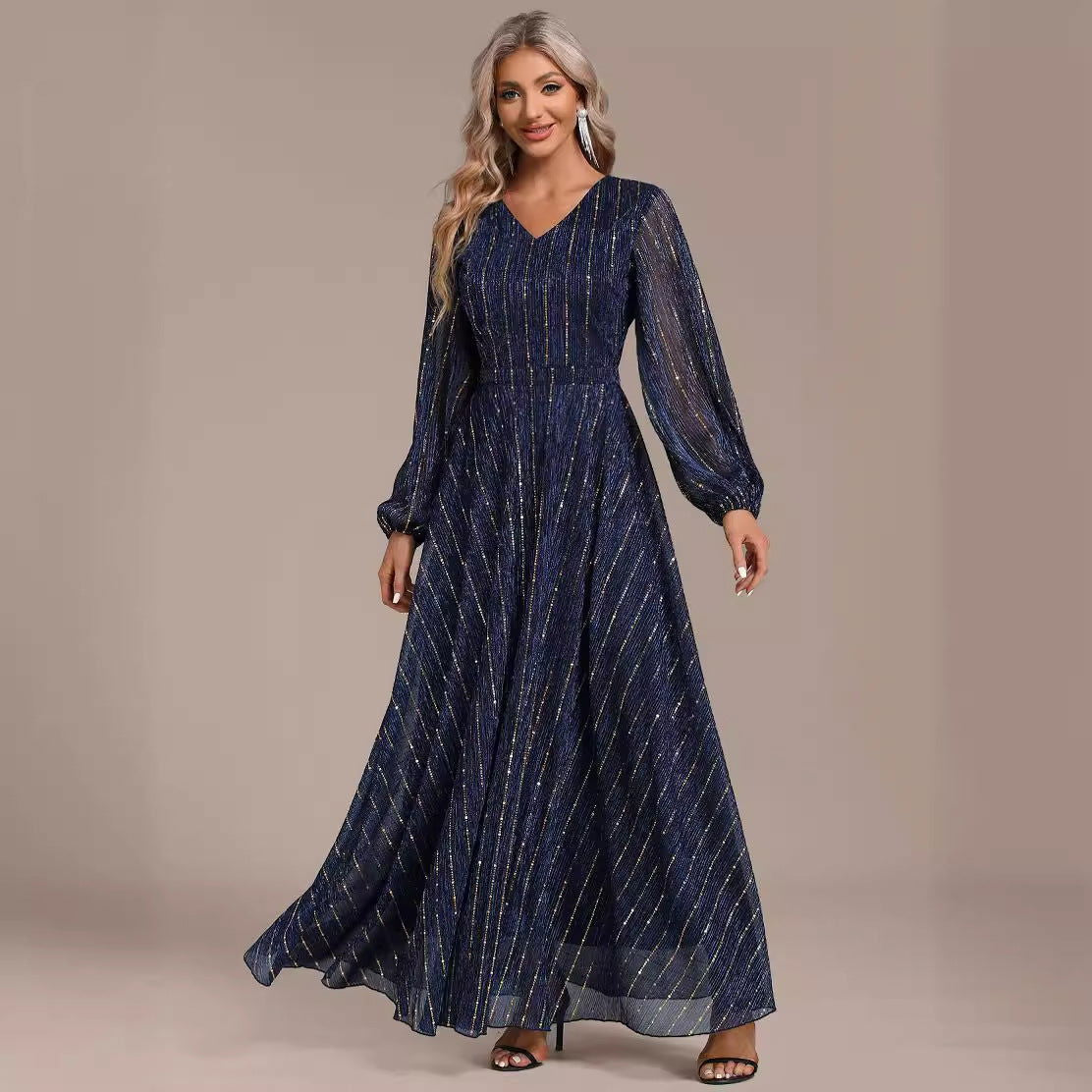 Sequin Pinstripe V-Neck Lantern Sleeve Pleated A-Line Maxi Dress - View 3