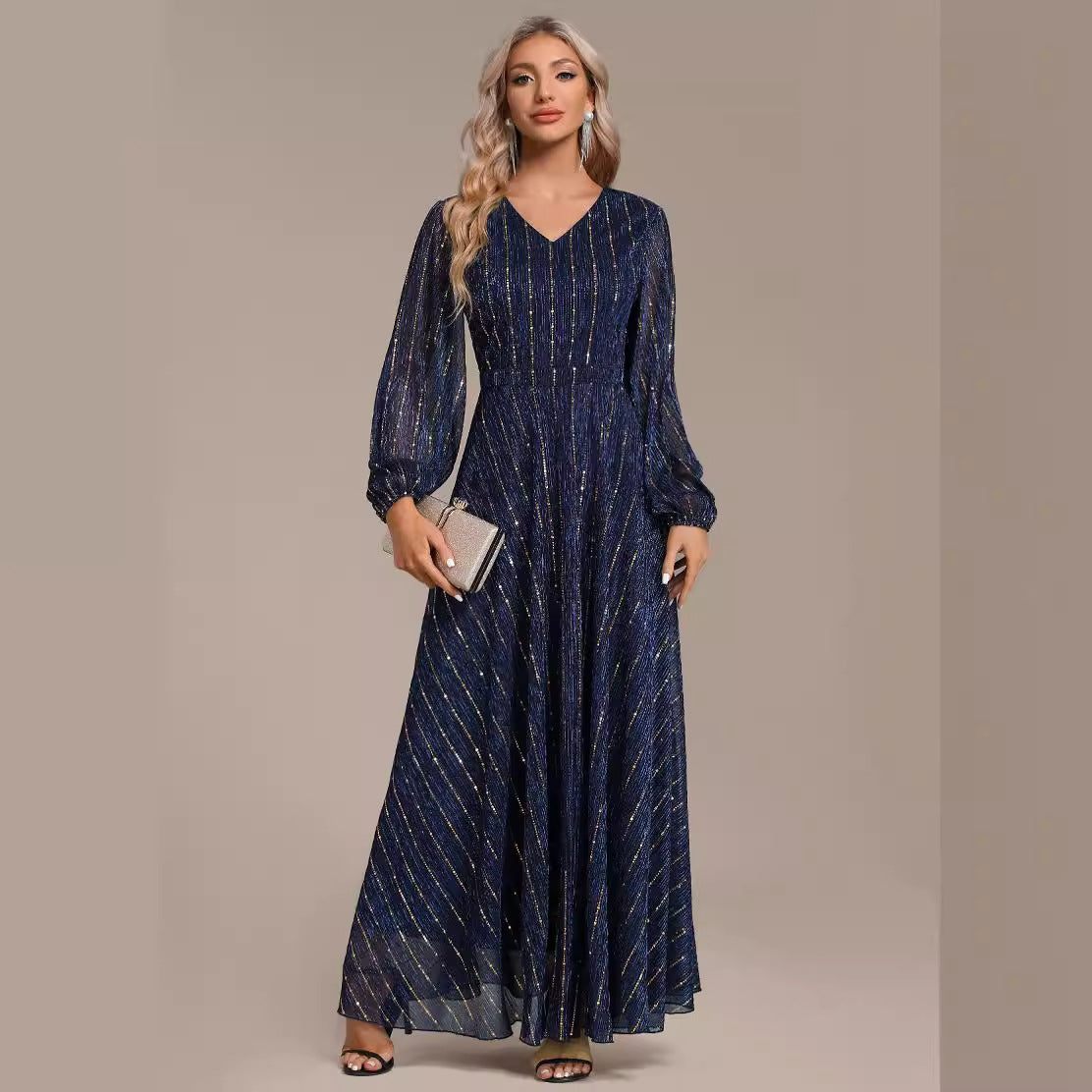 Sequin Pinstripe V-Neck Lantern Sleeve Pleated A-Line Maxi Dress - View 4