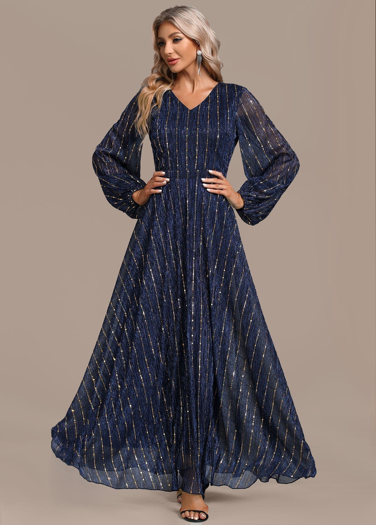 Sequin Pinstripe V-Neck Lantern Sleeve Pleated A-Line Maxi Dress - View 5