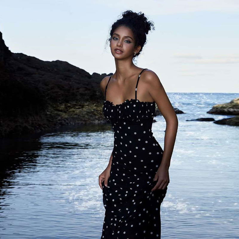 Arrival French Slim Fit Backless Polka Dot Brace Dress - Fashionpara