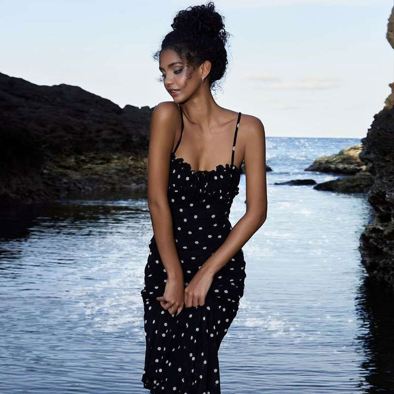 Arrival French Slim Fit Backless Polka Dot Brace Dress - Fashionpara