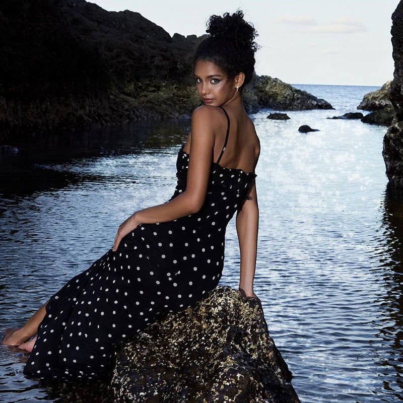 Arrival French Slim Fit Backless Polka Dot Brace Dress - Fashionpara