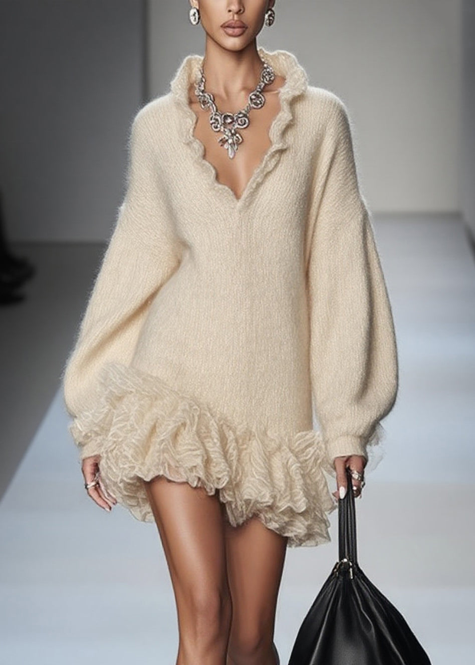 Art Beige V Neck Lace Patchwork Knit Mini Dresses Spring - View 3