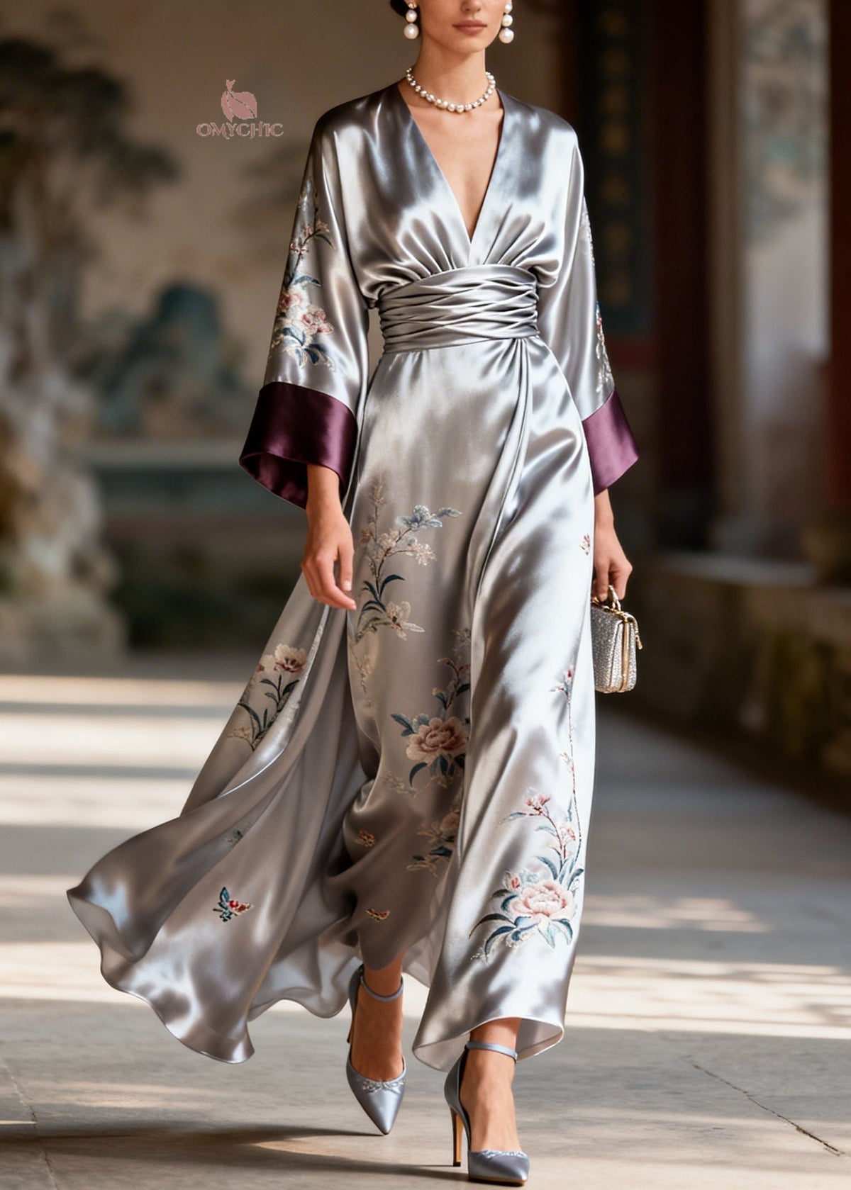 Satin Floral Butterfly Embroidery Deep V-Neck Sleeve Maxi Dress