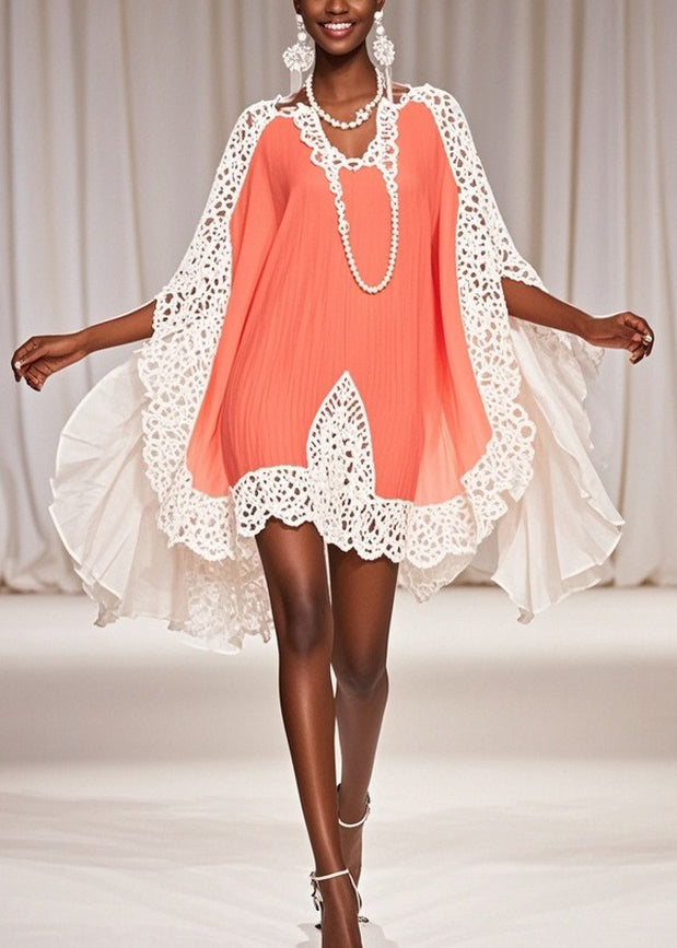 Crochet Lace Trim Butterfly Sleeve Chiffon V-Neck Kaftan Mini Dress