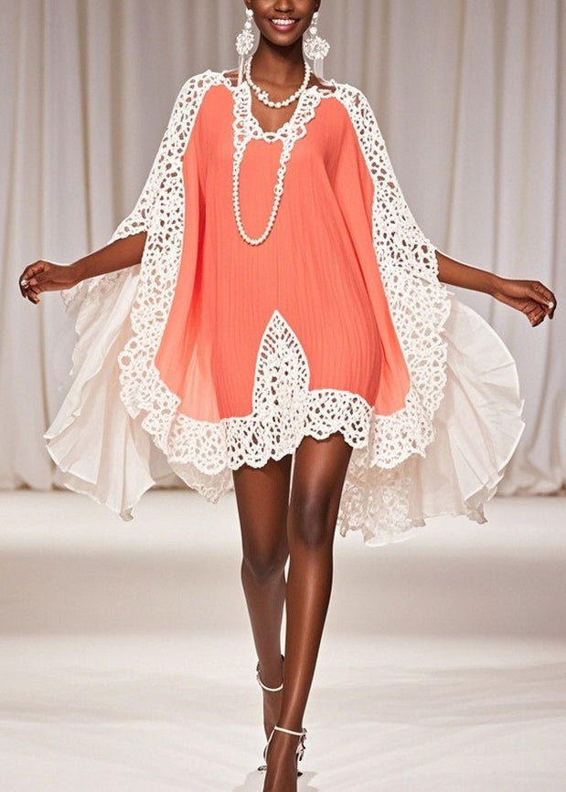 Crochet Lace Trim Butterfly Sleeve Chiffon V-Neck Kaftan Mini Dress - View 3