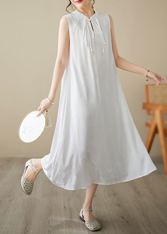 Jacquard Mandarin Collar Sleeveless Bead Tie Keyhole Midi Dress - View 2