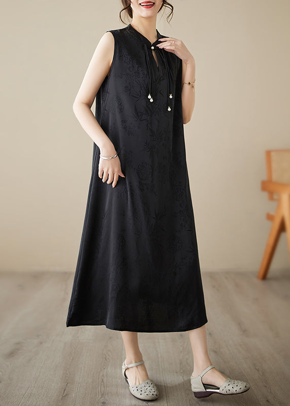 Jacquard Mandarin Collar Sleeveless Bead Tie Keyhole Midi Dress - View 3