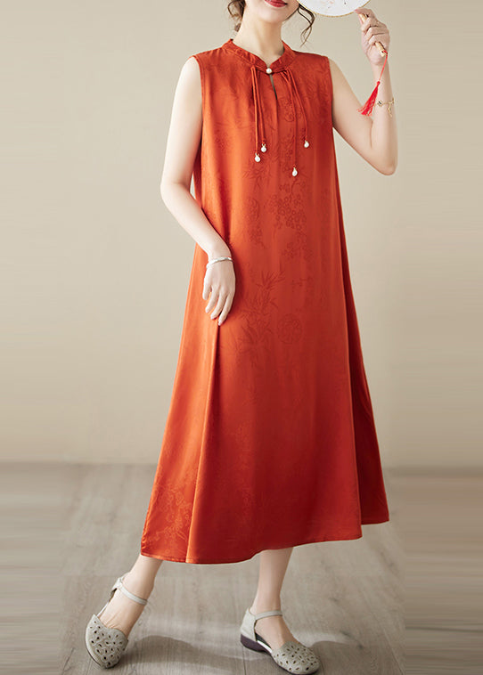 Jacquard Mandarin Collar Sleeveless Bead Tie Keyhole Midi Dress - View 4