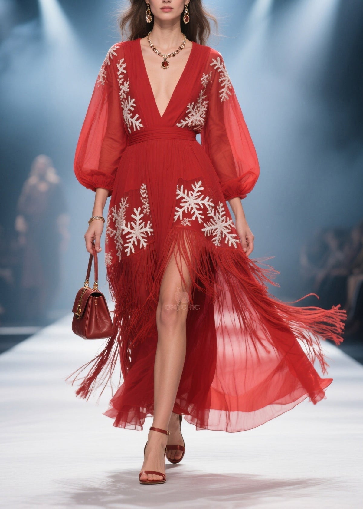Deep V-Neck Bishop Sleeve Embroidered Tassel High Split Midi Dress