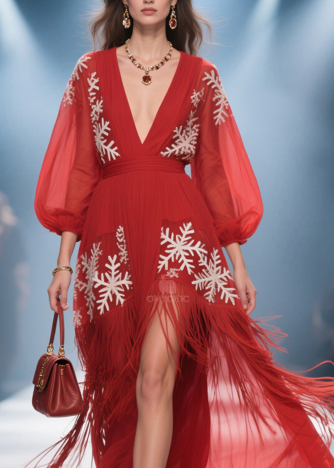 Deep V-Neck Bishop Sleeve Embroidered Tassel High Split Midi Dress - View 2