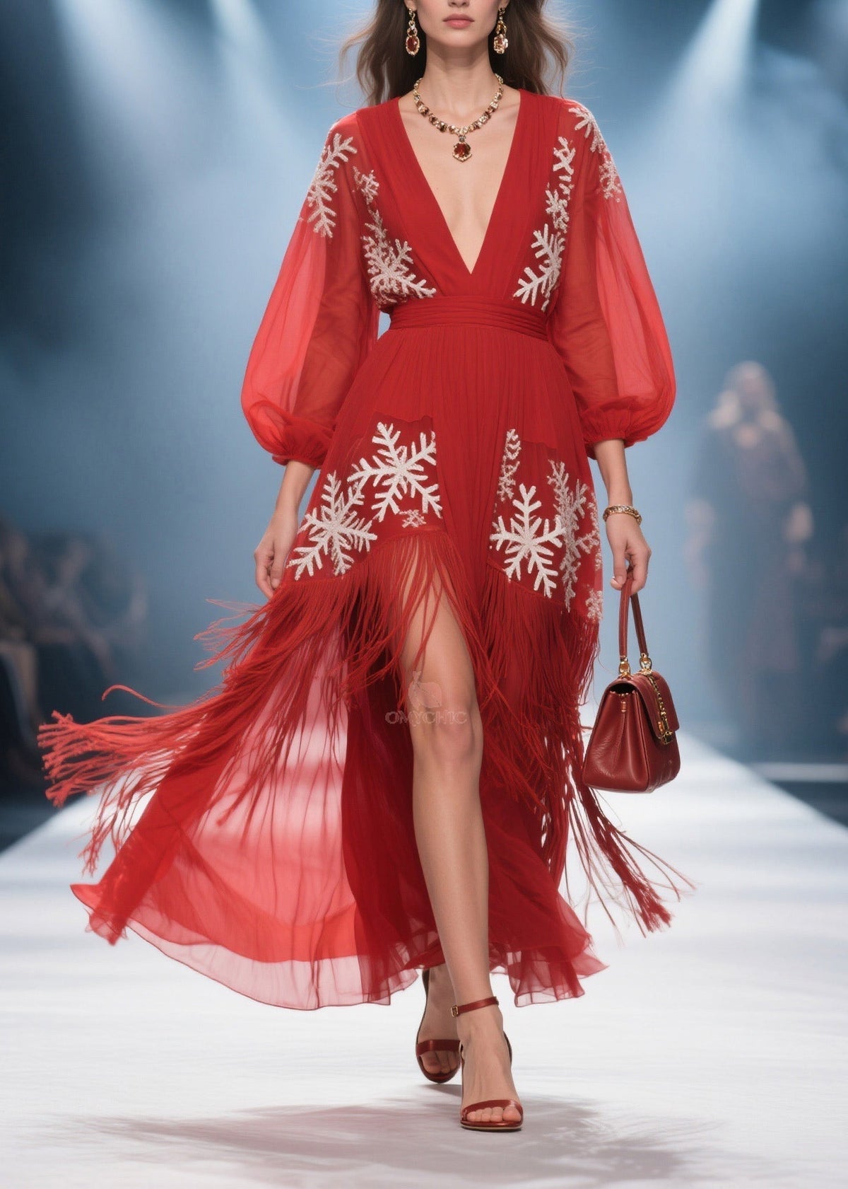 Deep V-Neck Bishop Sleeve Embroidered Tassel High Split Midi Dress - View 3