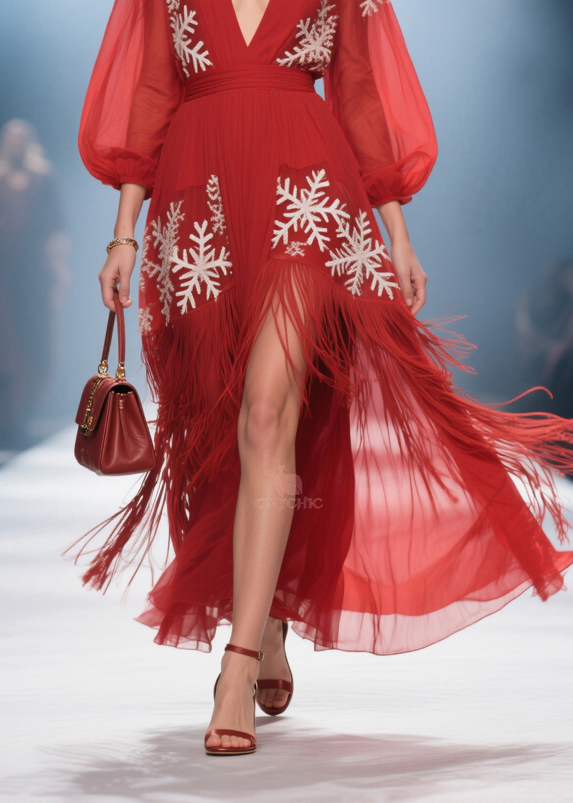 Deep V-Neck Bishop Sleeve Embroidered Tassel High Split Midi Dress - View 4