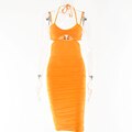 Satin One-Shoulder Ruched Wrap High-Slit Midi Dress 12