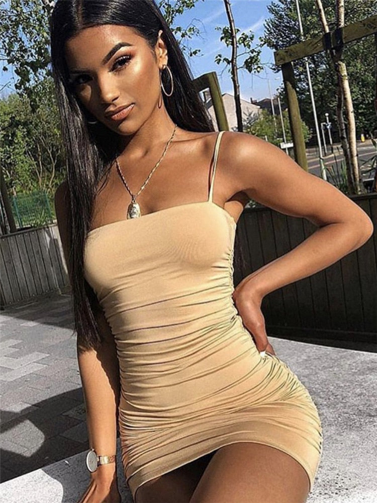 Mesh Square Neck Spaghetti Strap Ruched Bodycon Mini Dress 28