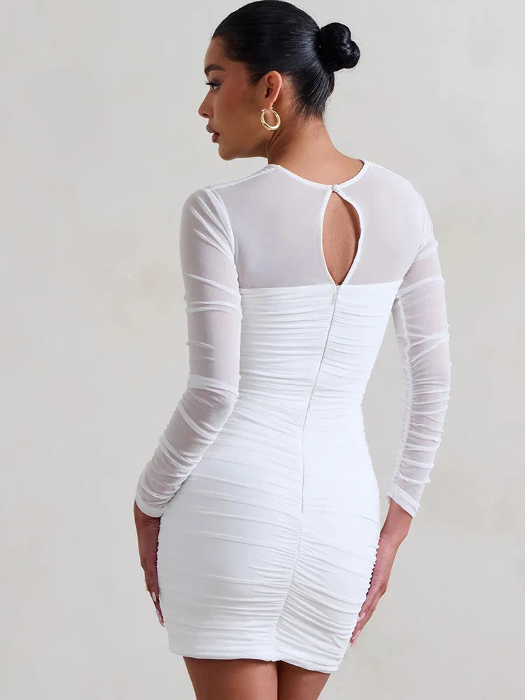 Mesh Pleated Wrap Mini Dress