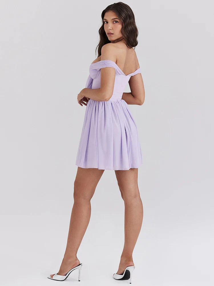 One-Shoulder Mesh Pleated Mini Dress