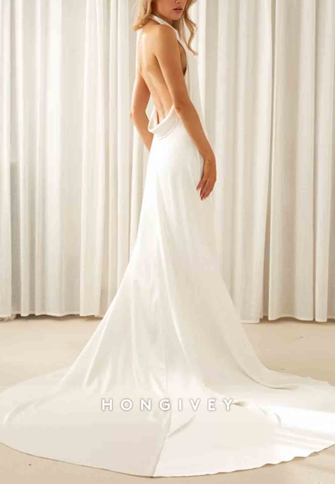 Halter Sleeveless Backless Pleated Simple Court Train Wedding Dresses