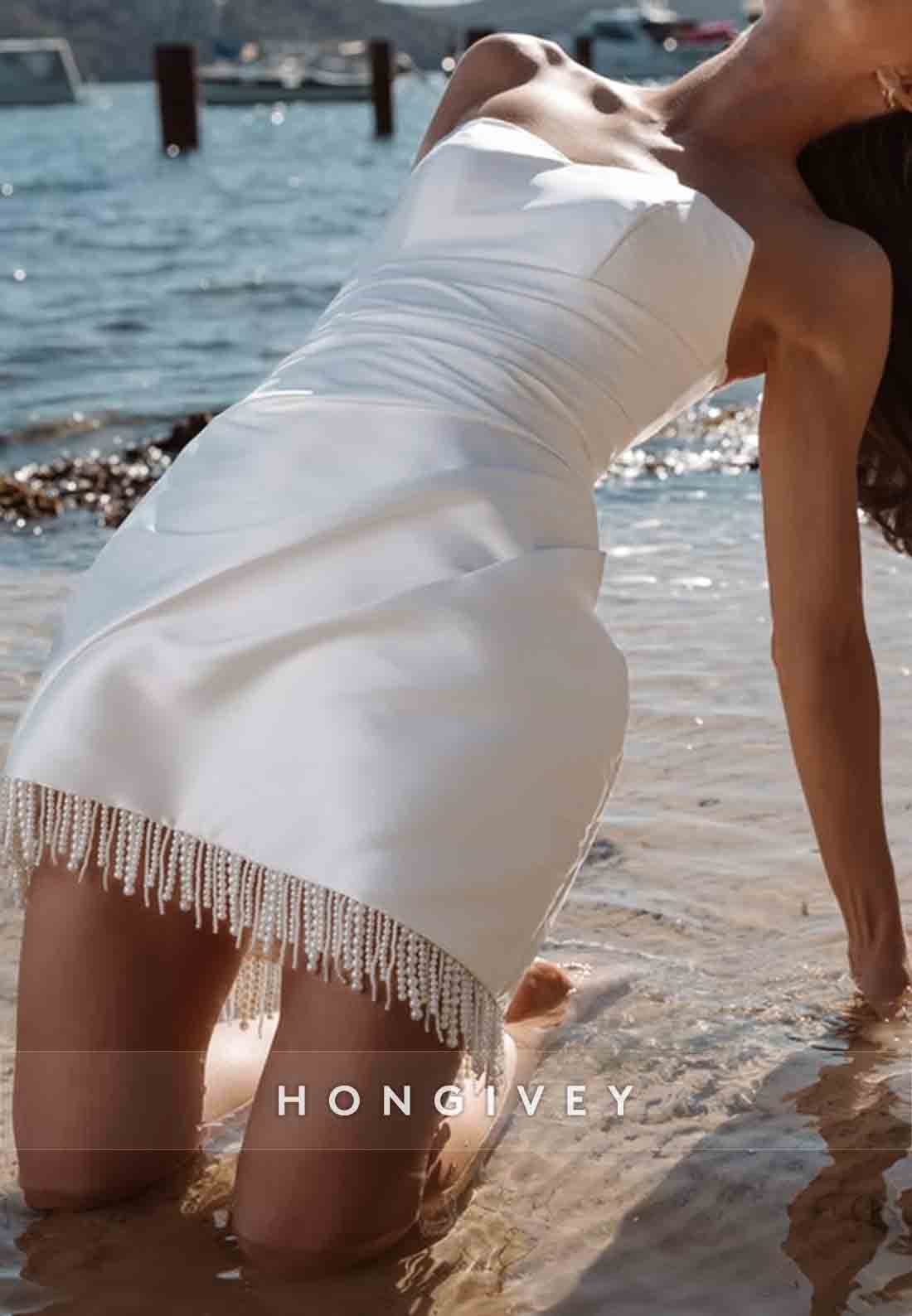 Simple Strapless Pleated Beadwork Mini Beach Wedding Dress