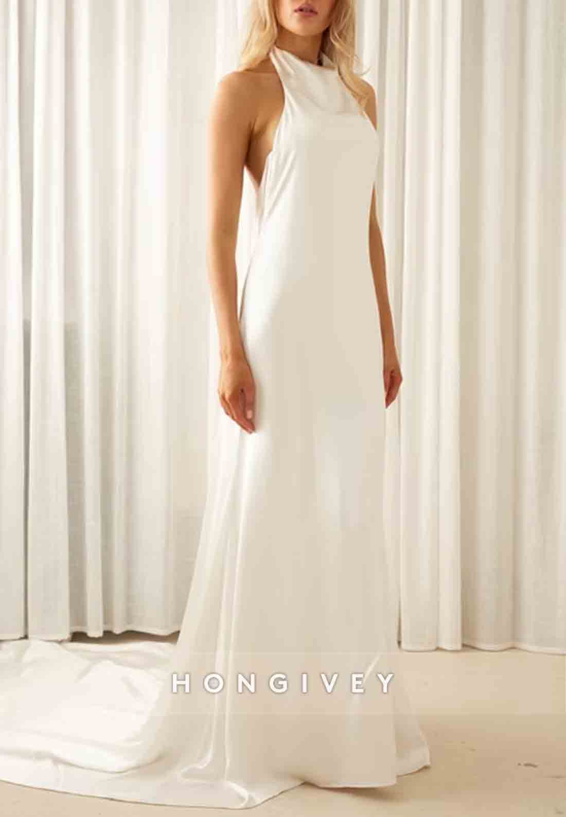 Halter Sleeveless Backless Pleated Simple Court Train Wedding Dresses