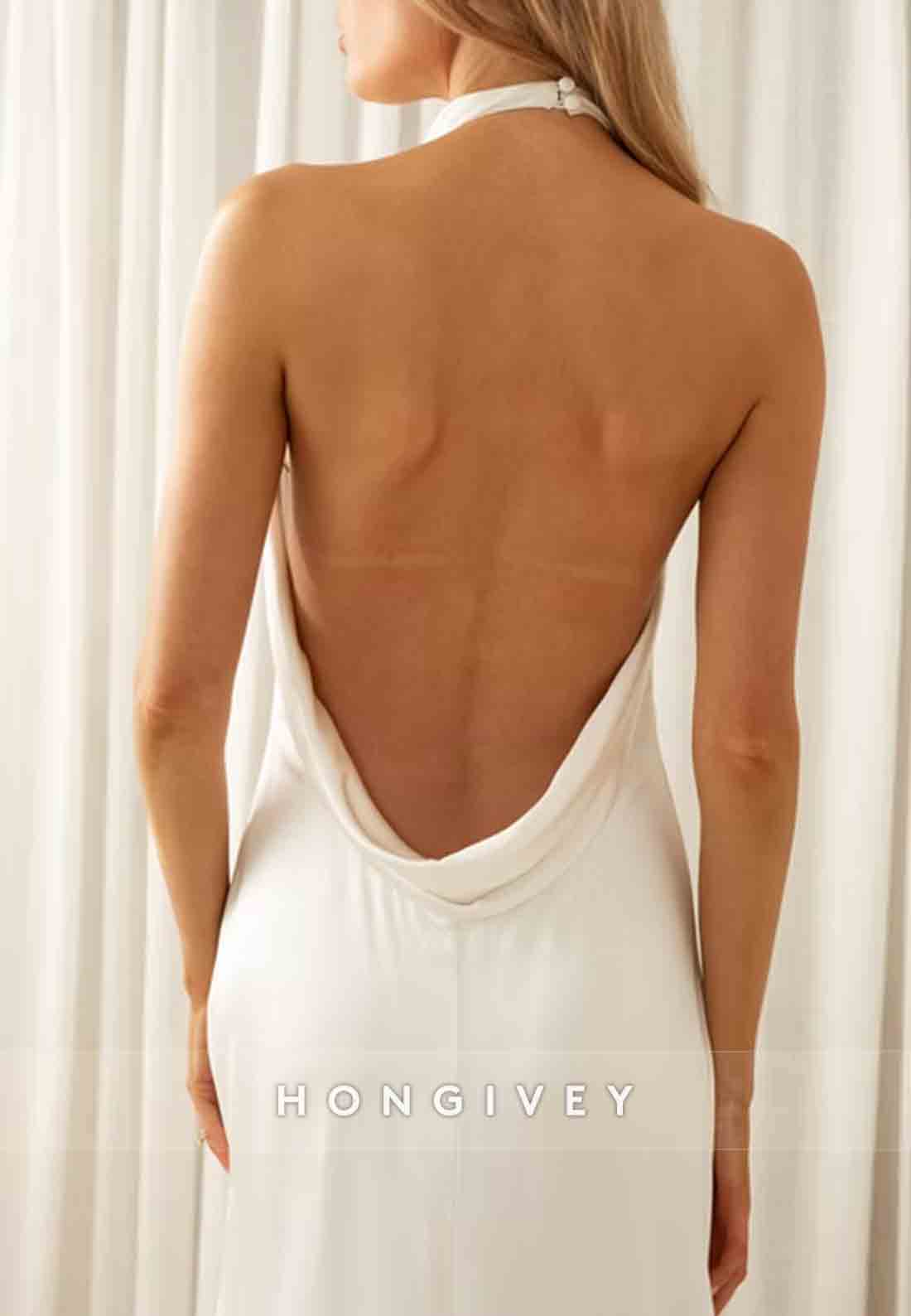 Halter Sleeveless Backless Pleated Simple Court Train Wedding Dresses