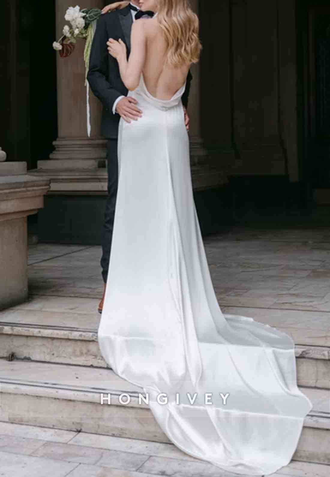 Halter Sleeveless Backless Pleated Simple Court Train Wedding Dresses