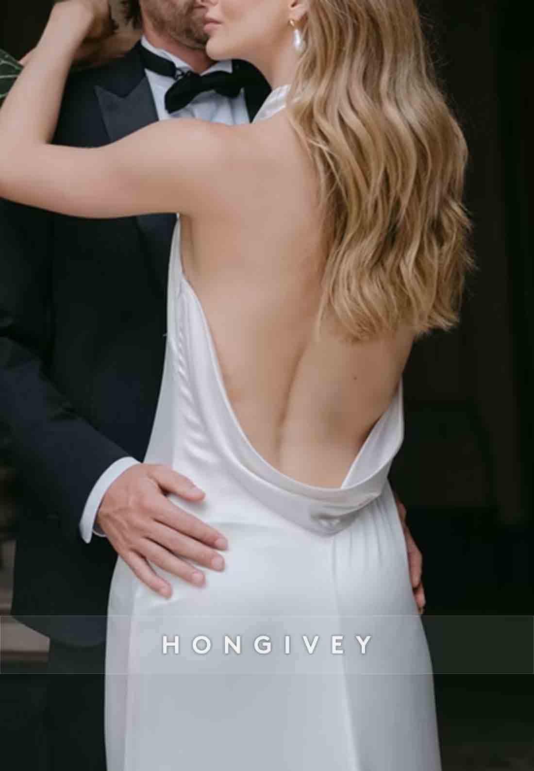 Halter Sleeveless Backless Pleated Simple Court Train Wedding Dresses