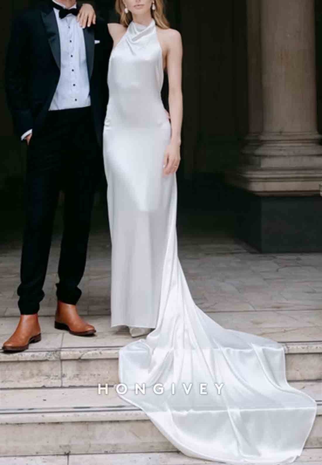 Halter Sleeveless Backless Pleated Simple Court Train Wedding Dresses