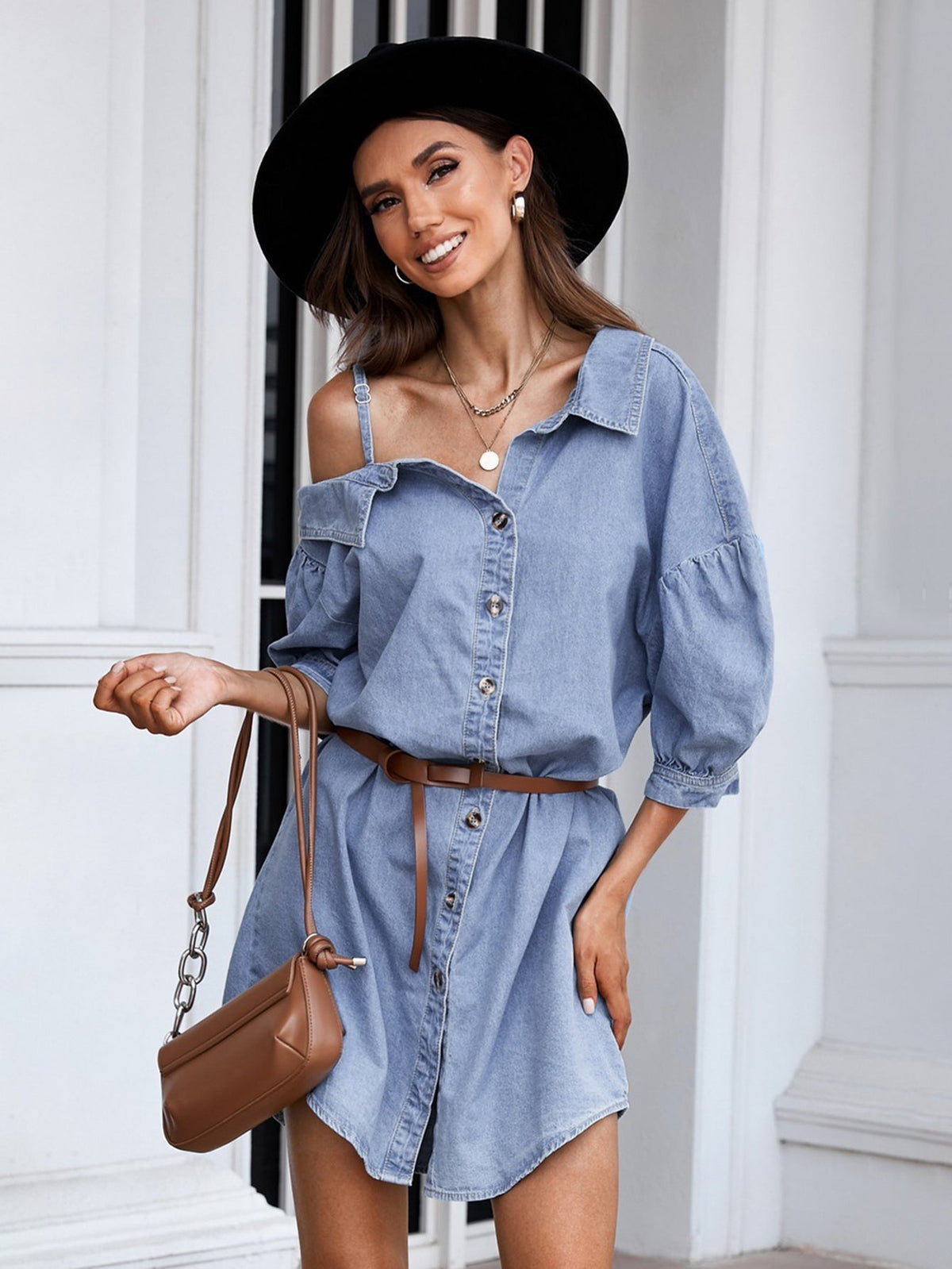 KittenAlarm - Asymmetric Cold Shoulder Denim Dress