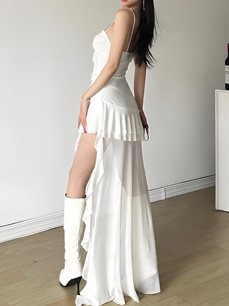 Sweetheart Strappy Ruched Asymmetric Ruffle Dress 2