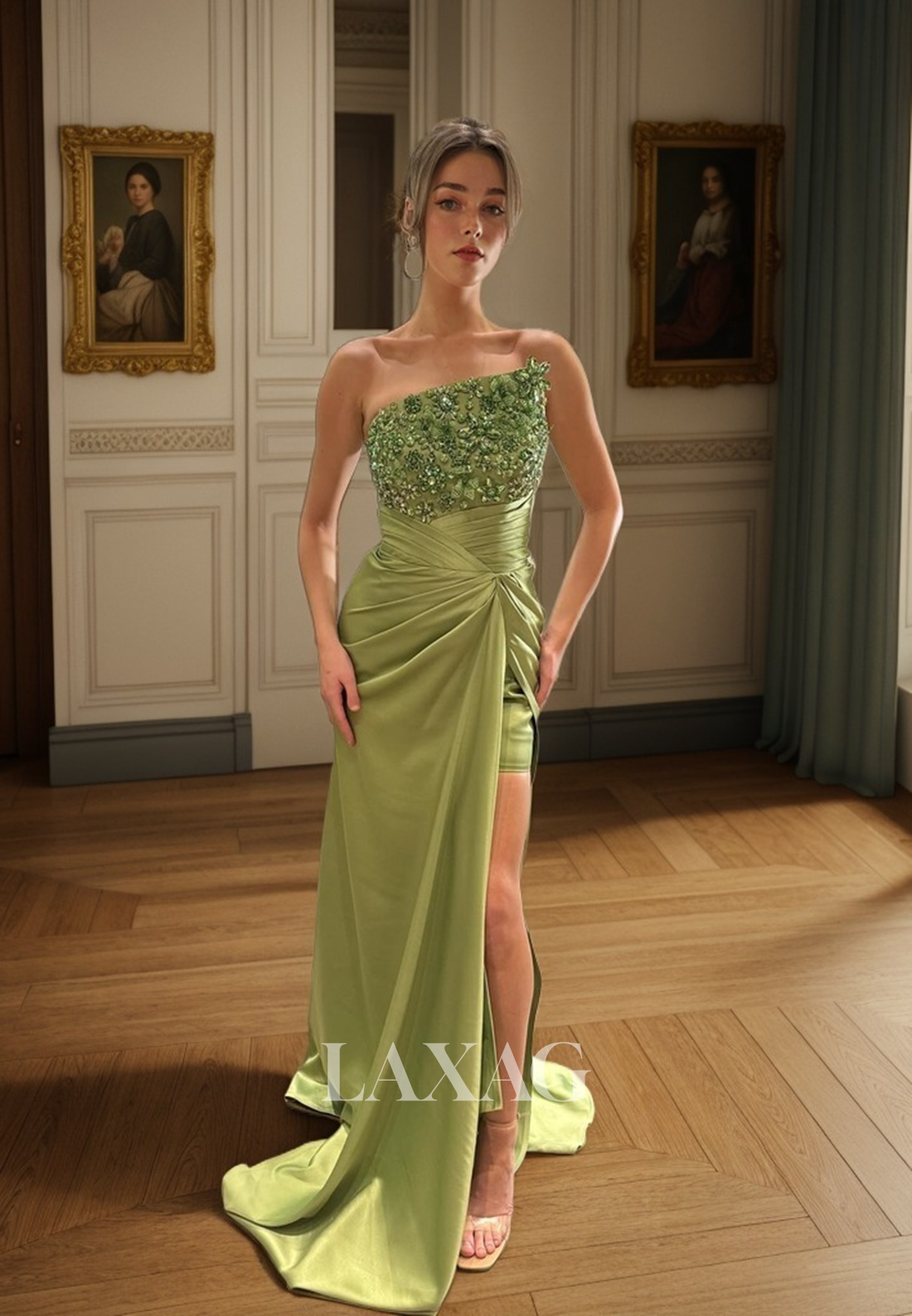 23168 - Asymmetric Beaded Party Prom Formal Evening Dress with Slit and Train - Fashionpara