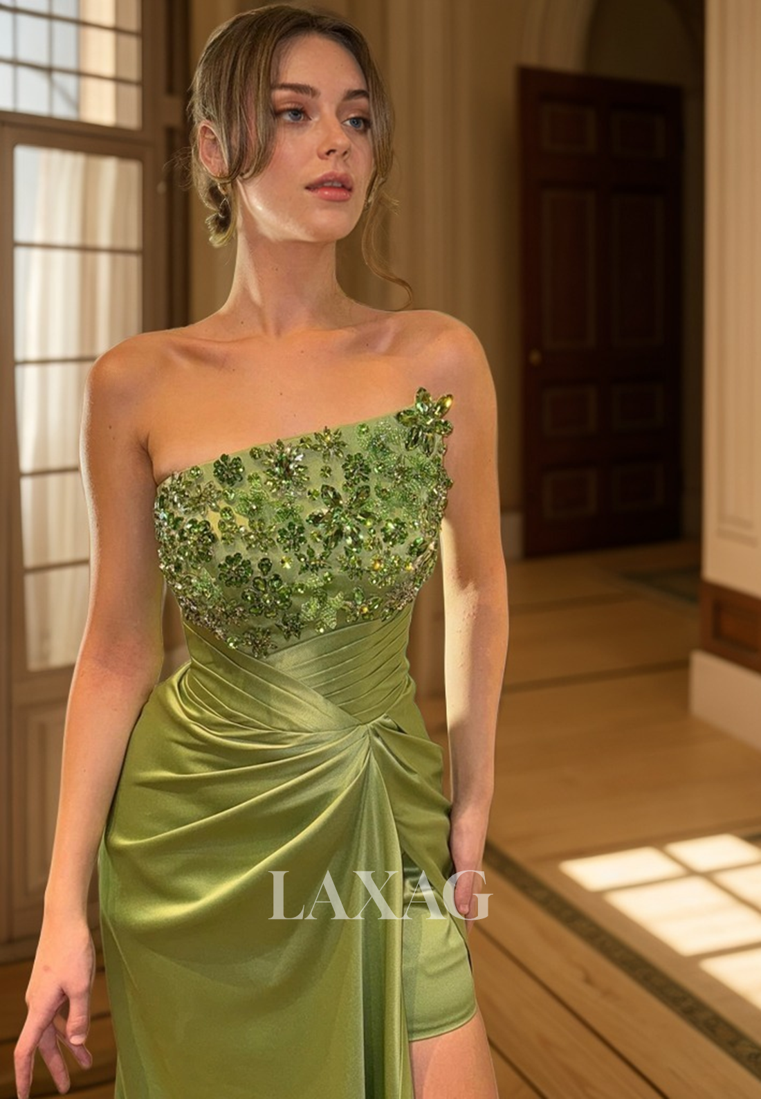 23168 - Asymmetric Beaded Party Prom Formal Evening Dress with Slit and Train - Fashionpara