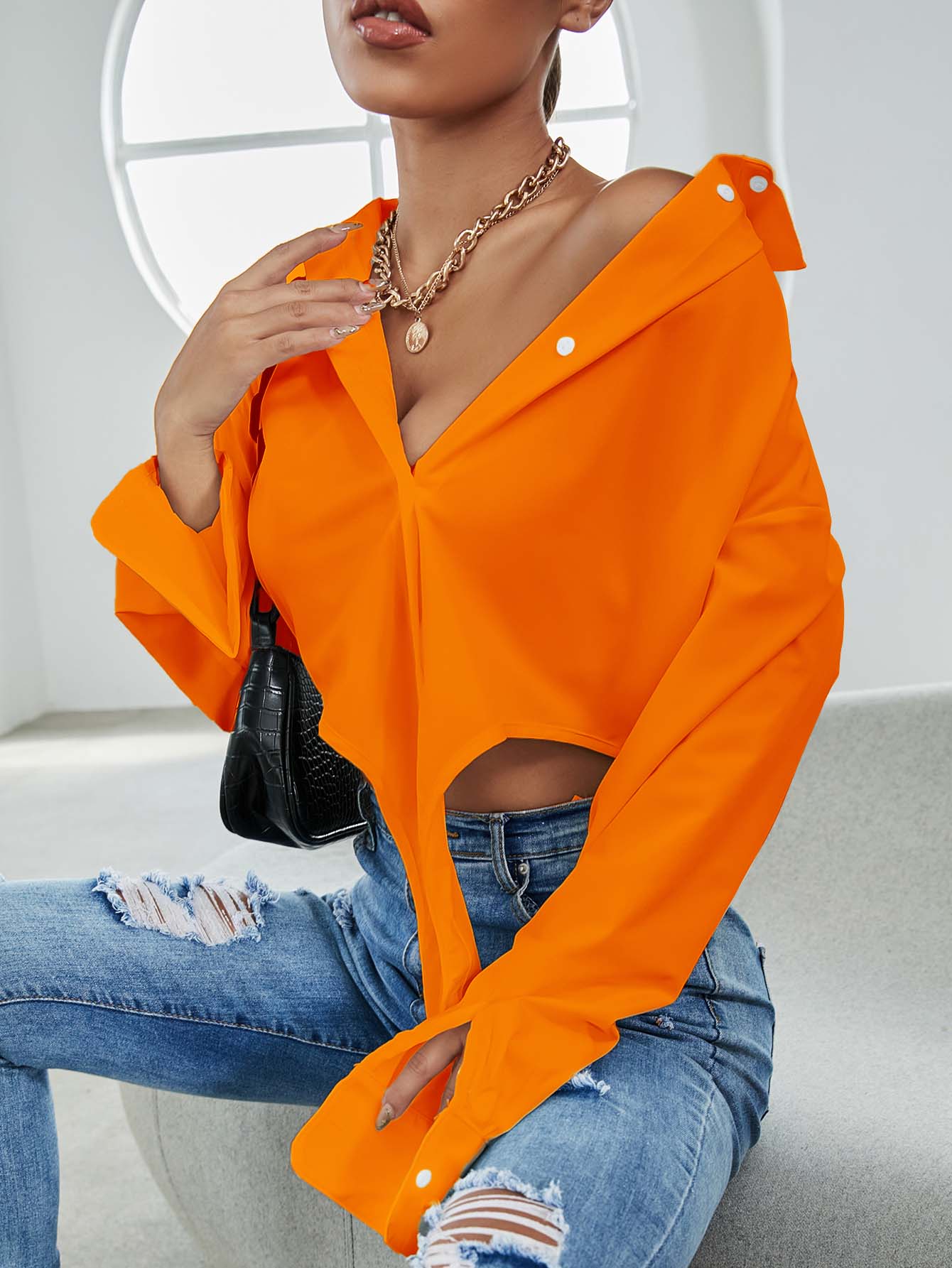 Asymmetrical Hem Crop Blouse - Fashionpara