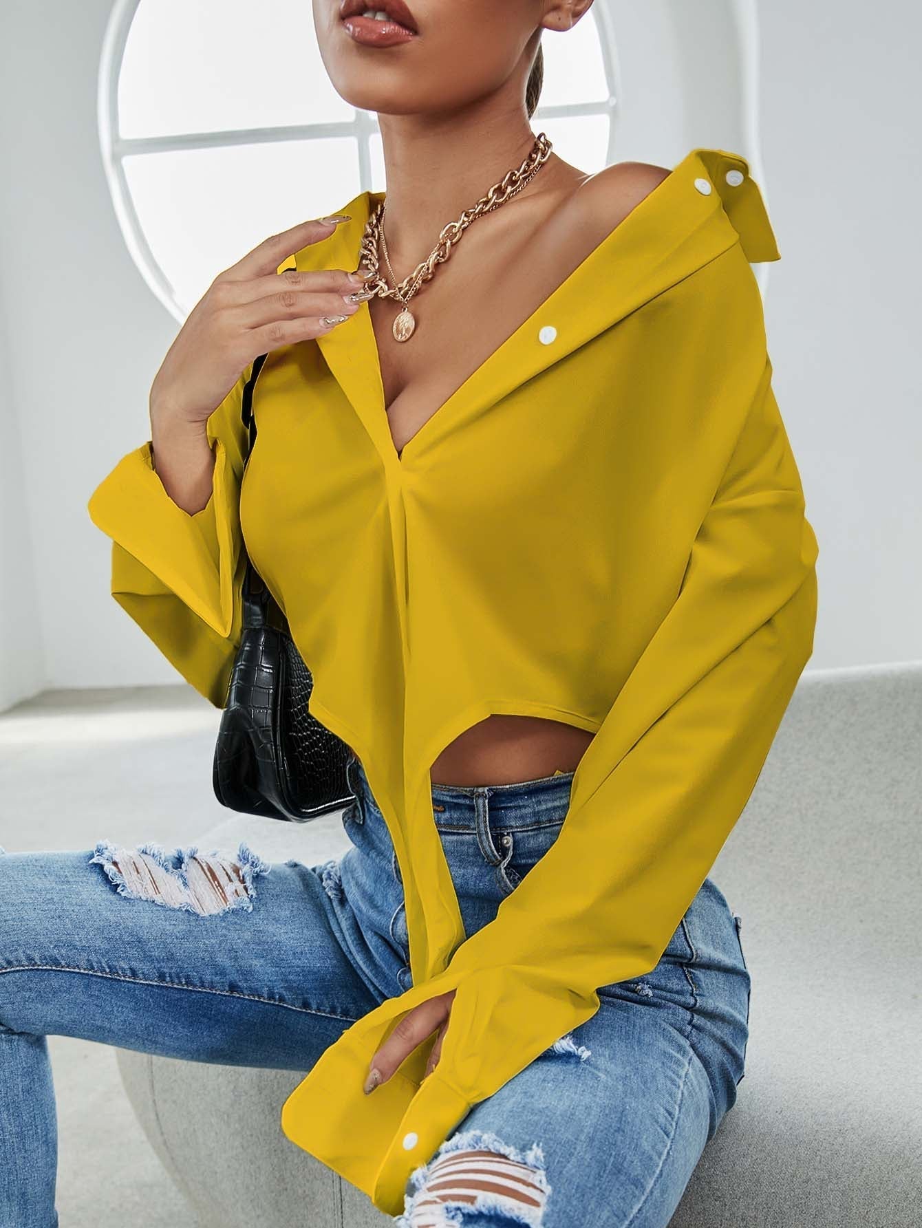 Asymmetrical Hem Crop Blouse - Fashionpara