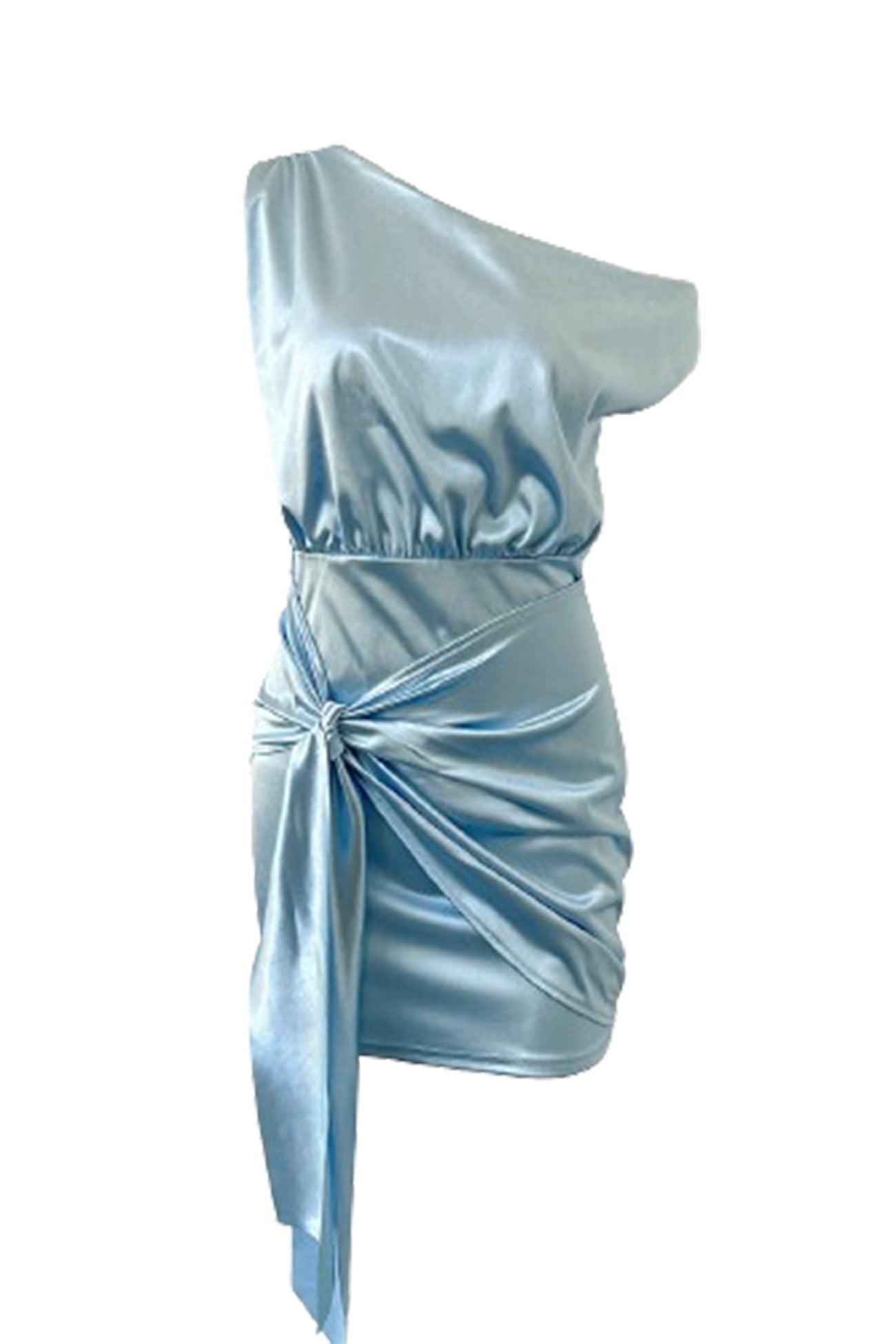 Asymmetrical Neck Ruched Ribbon Mini Dress