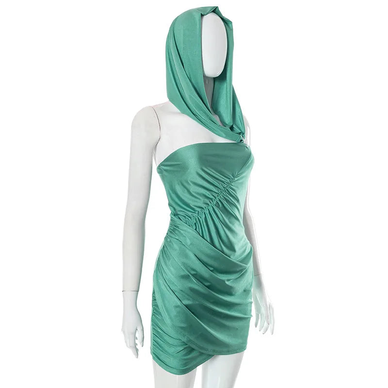 Hooded One Shoulder Ruched Bodycon Mini Dress