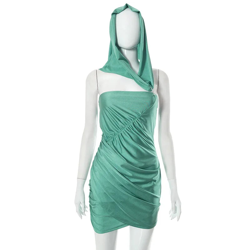 Hooded One Shoulder Ruched Bodycon Mini Dress