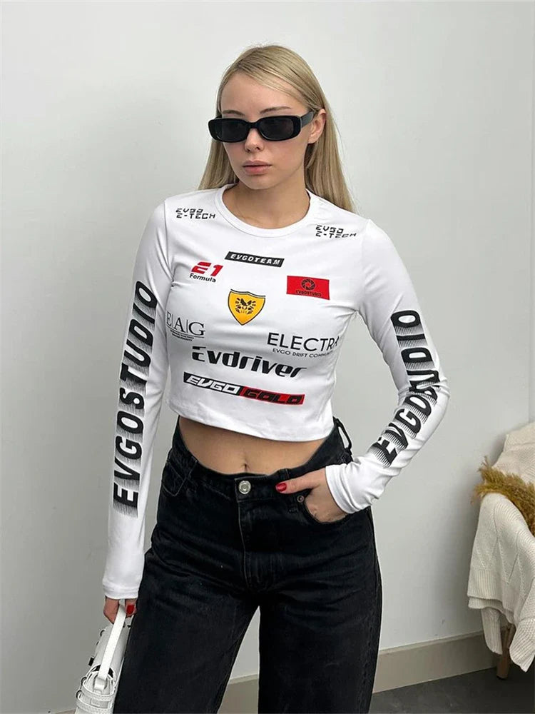 Winter Motor Style Letter Print Cyber Slim Knit Top