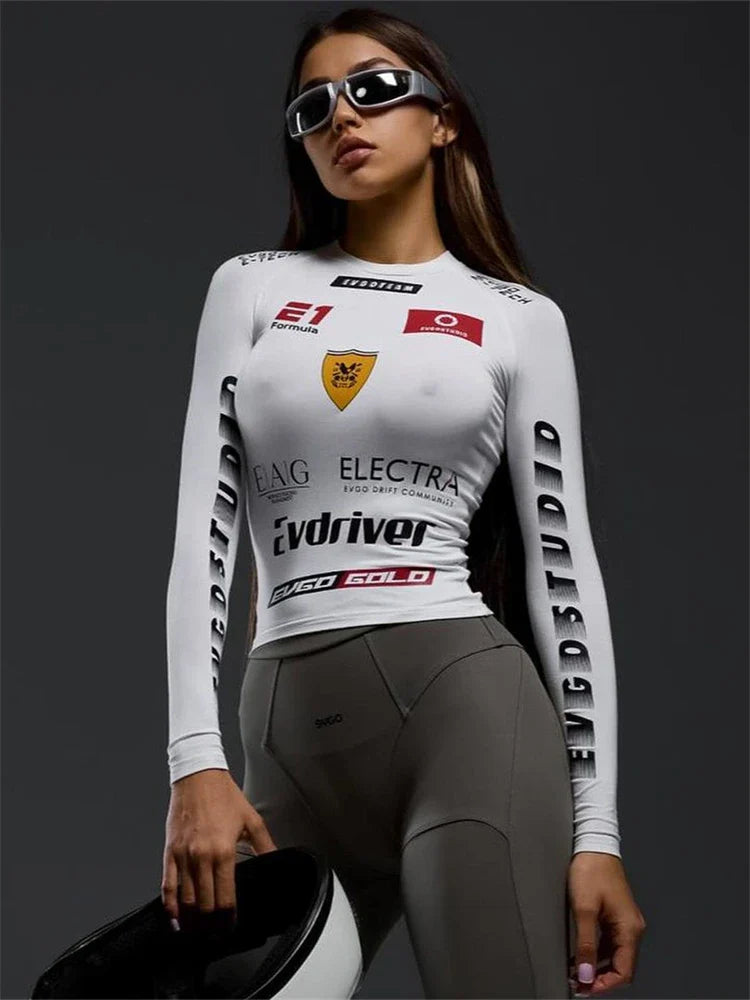 Winter Motor Style Letter Print Cyber Slim Knit Top