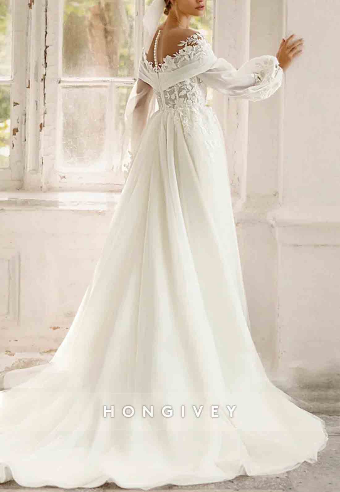 Off the Shoulder V Neck Lace Long Sleeve Empire Wedding Dresses