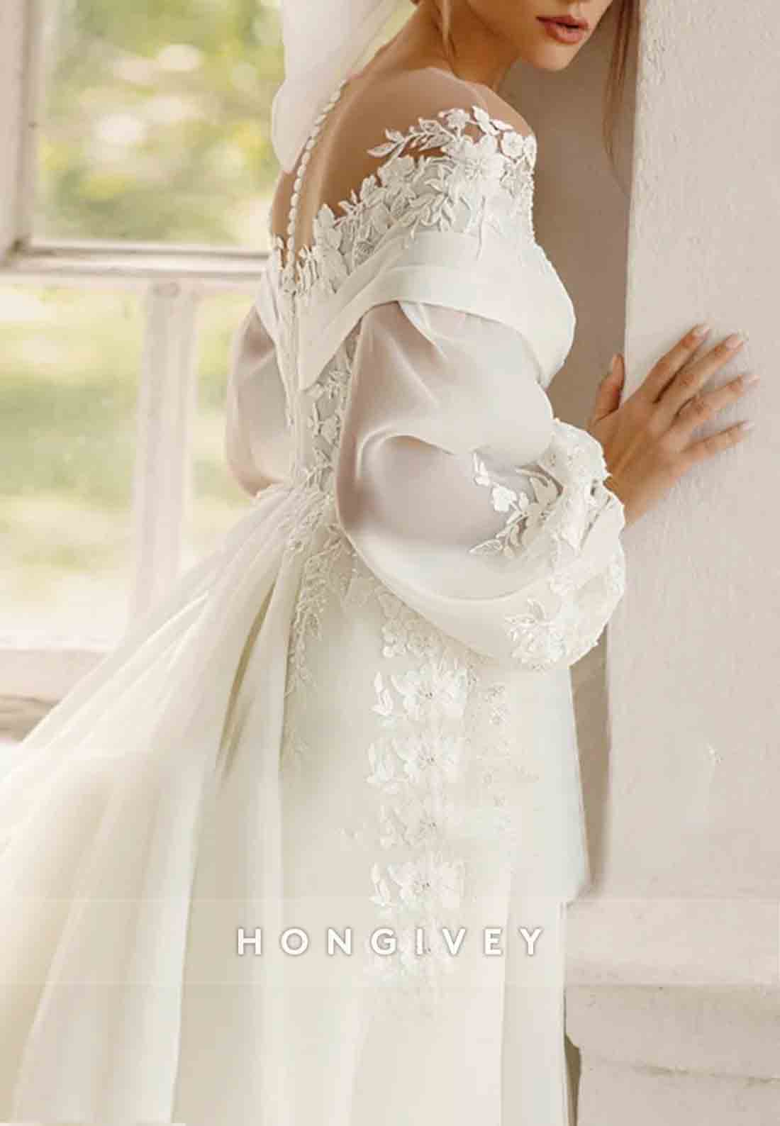 Off the Shoulder V Neck Lace Long Sleeve Empire Wedding Dresses