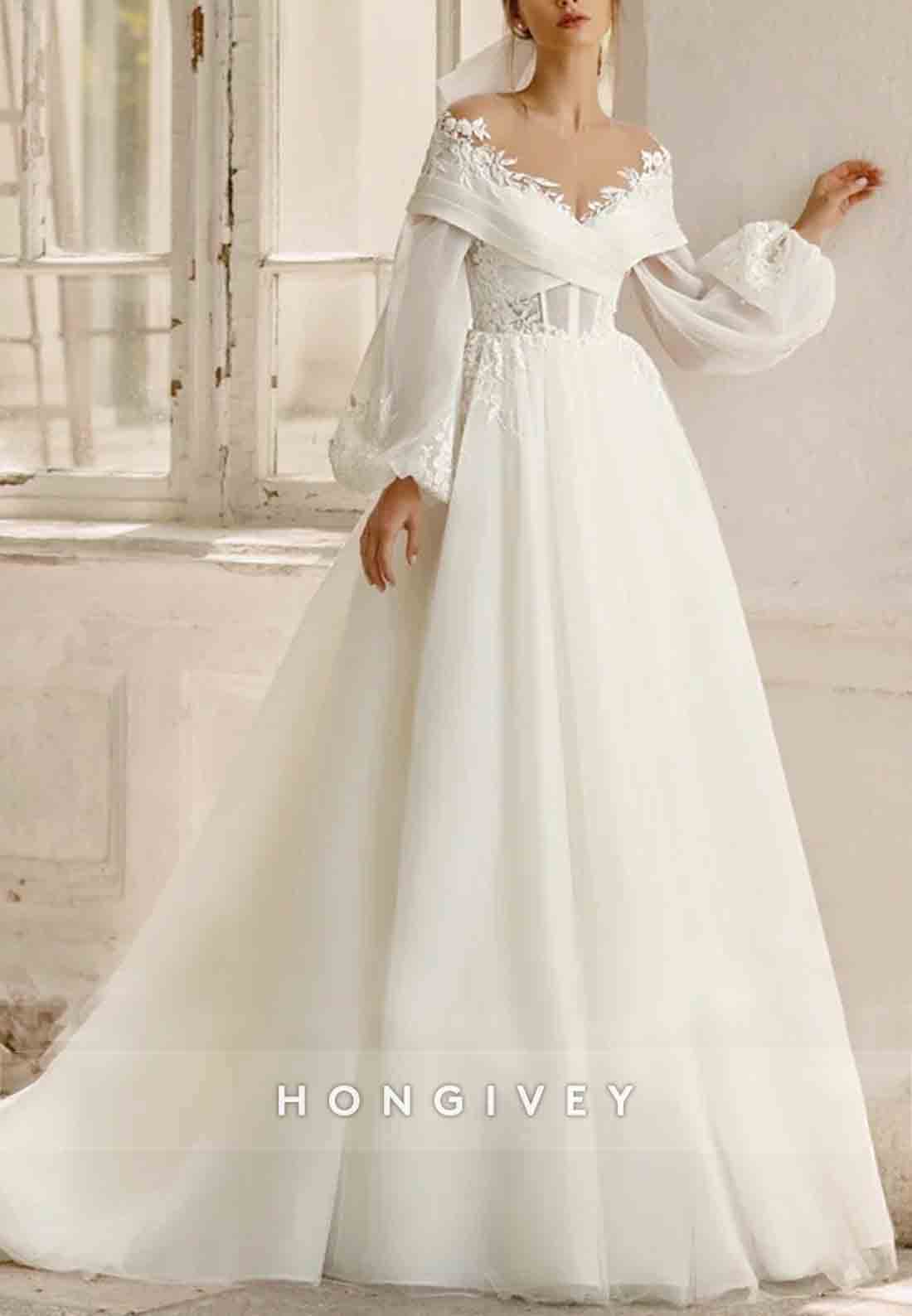Off the Shoulder V Neck Lace Long Sleeve Empire Wedding Dresses
