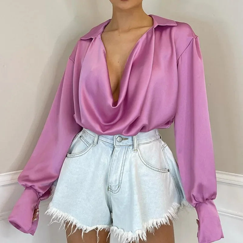 Ice Silk Loose Casual Satin Long Sleeve Blouse