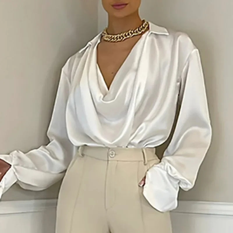 Ice Silk Loose Casual Satin Long Sleeve Blouse