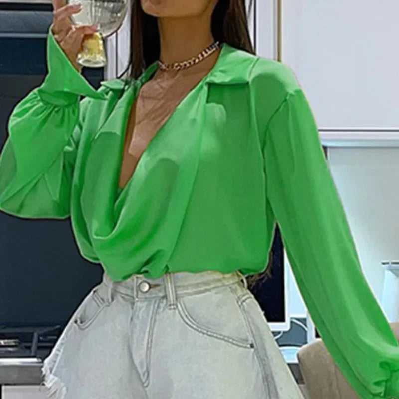 Ice Silk Loose Casual Satin Long Sleeve Blouse