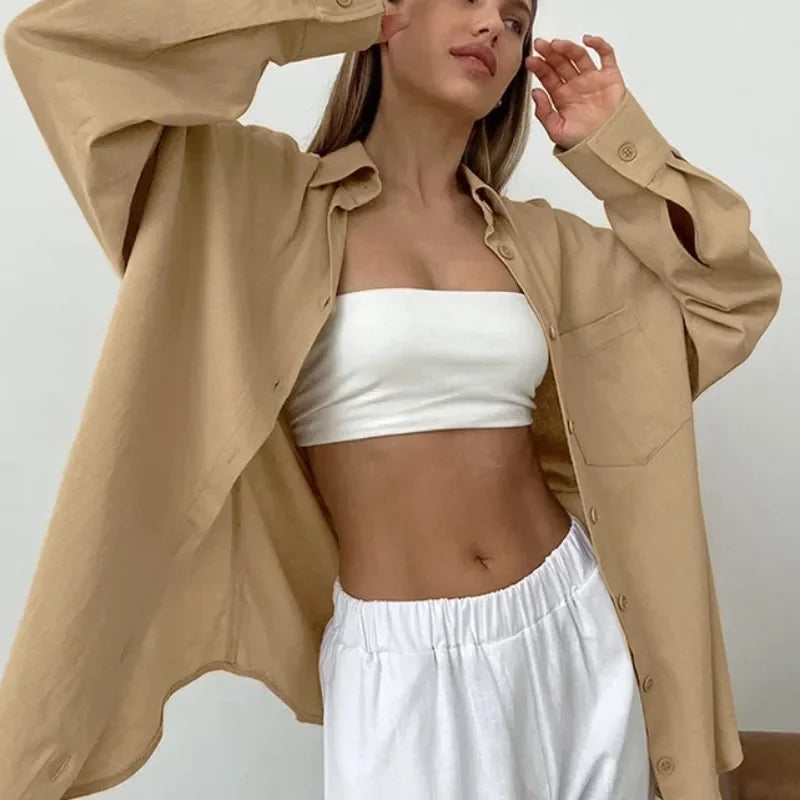 Solid Loose Cotton Blouse Elegant Autumn Blouse