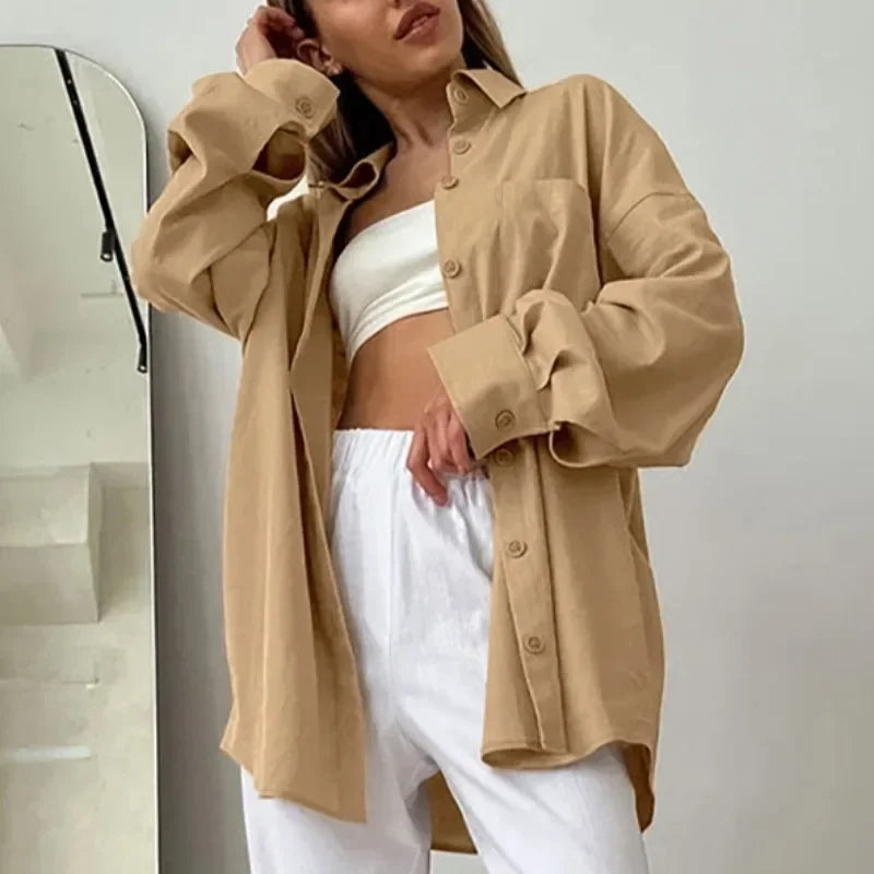 Solid Loose Cotton Blouse Elegant Autumn Blouse