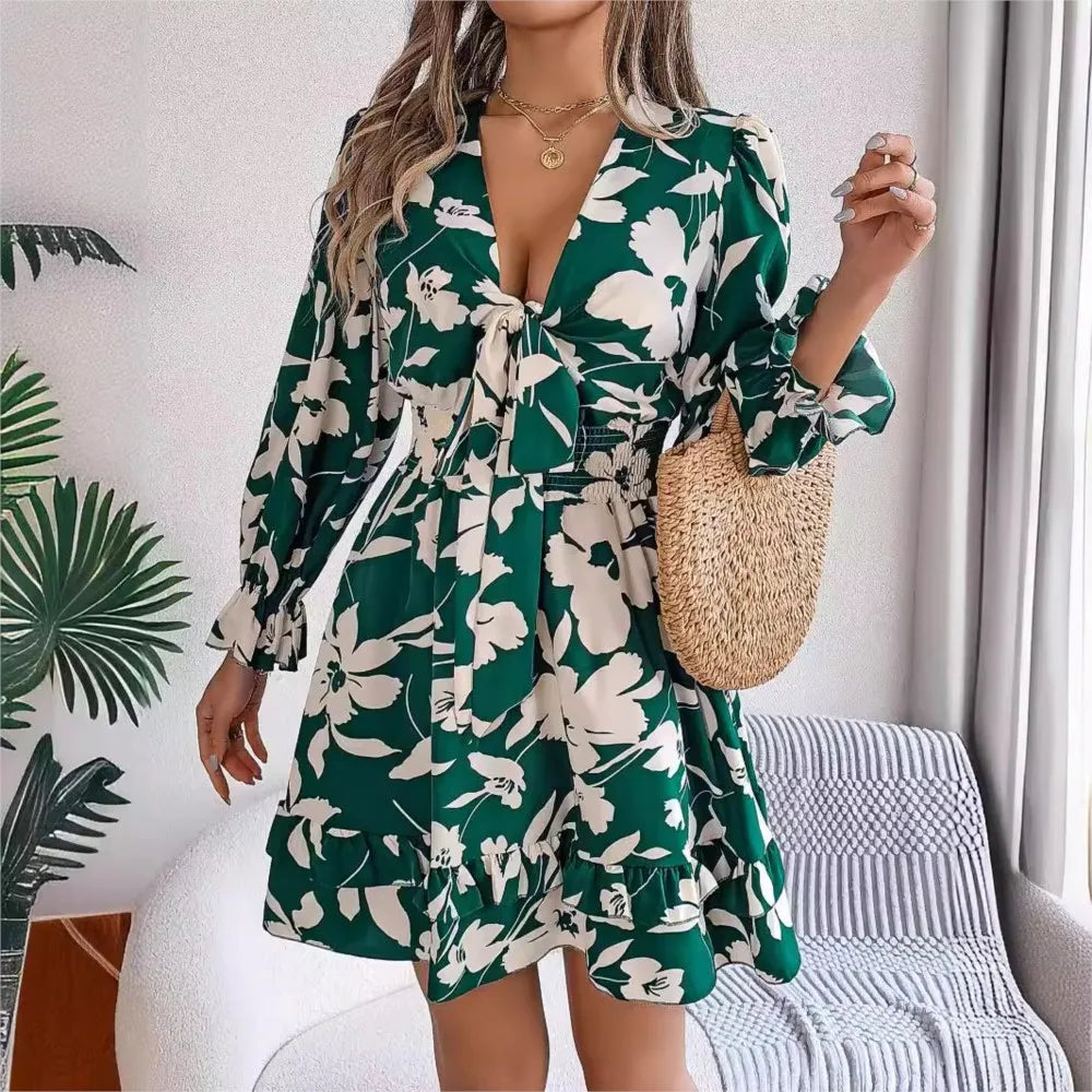 Autumn Flared Sleeve Floral Dress
