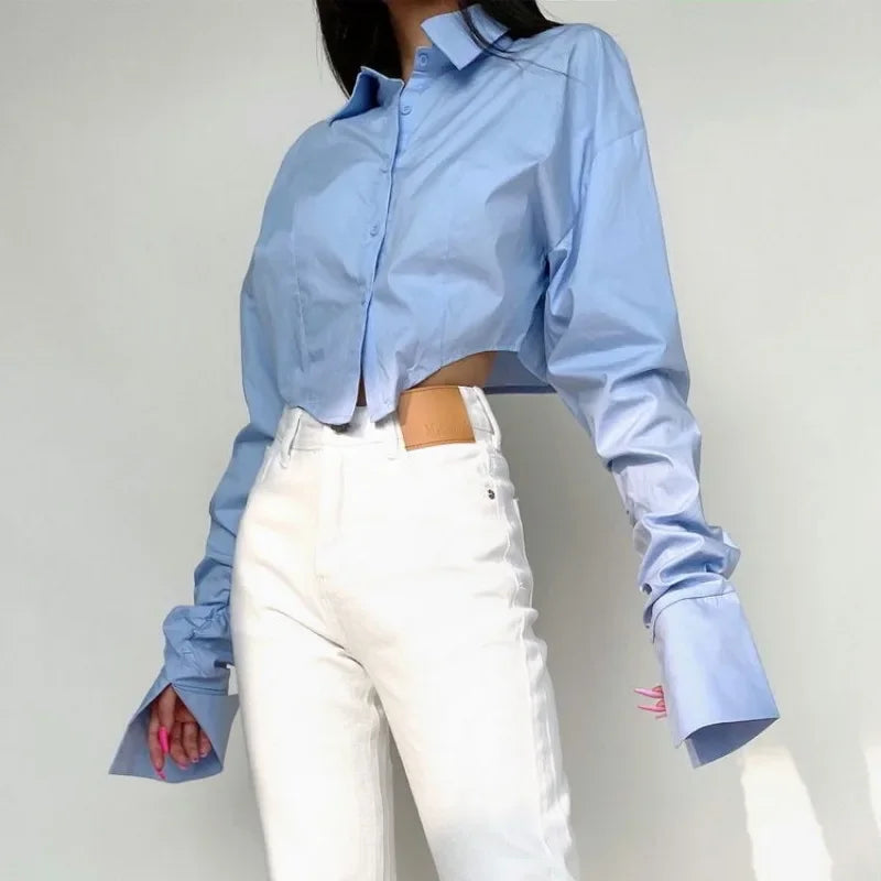 Casual Single Breasted Turn Down Collar Short Sleeve Blouse
