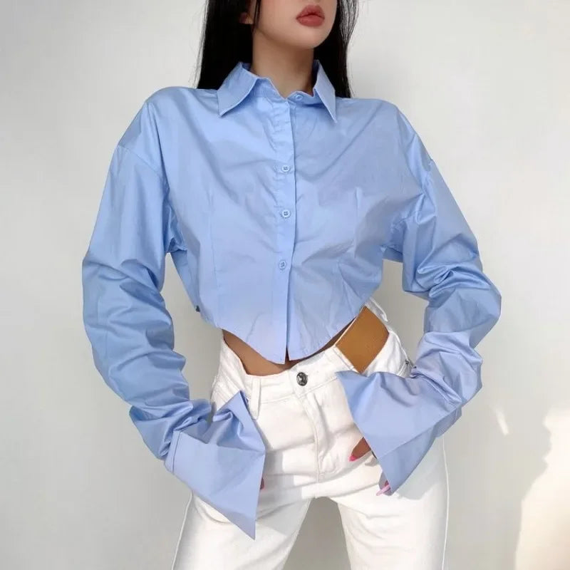 Casual Single Breasted Turn Down Collar Short Sleeve Blouse